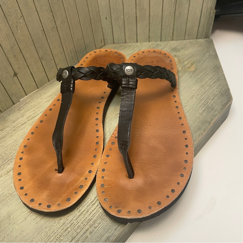 UGG Black Braided Leather Sandals 9 - Picture 2 of 8